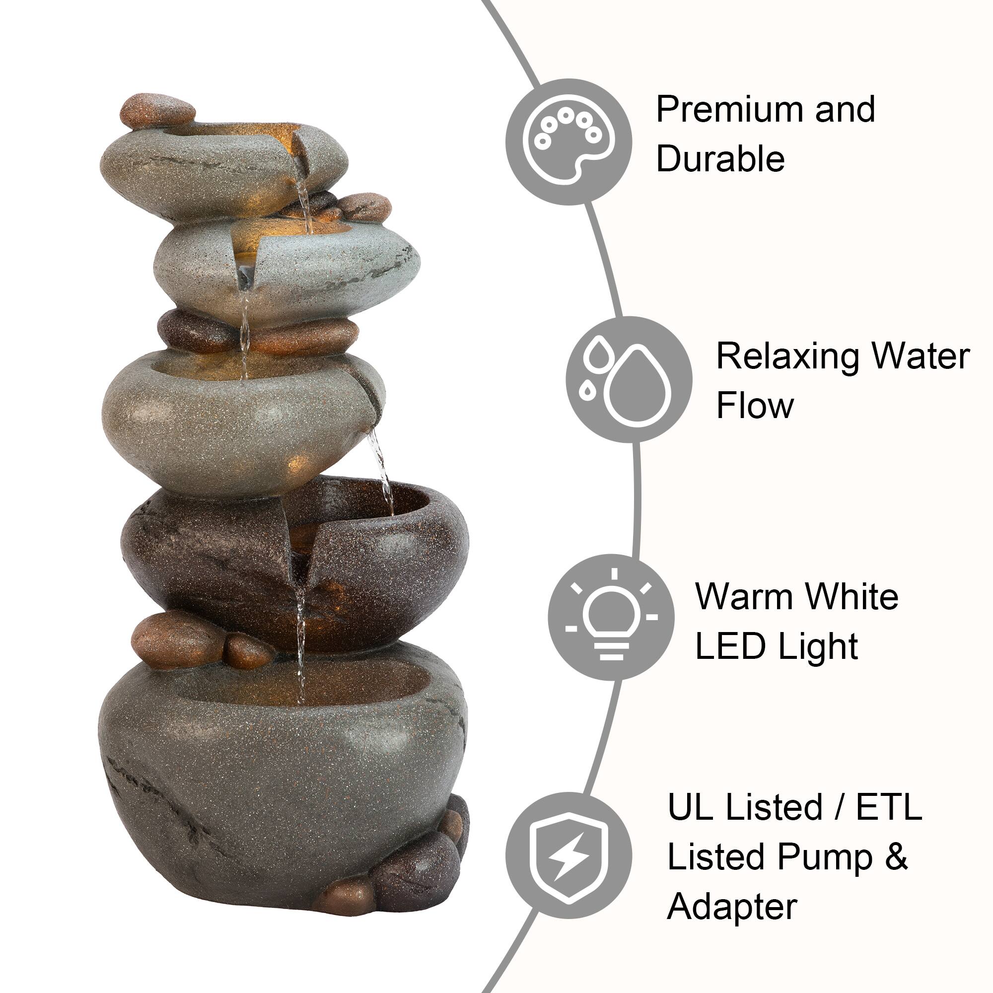 Glitzhome® 24.5" Zen-Style LED 5-Tier Stacked Pebbles Polyresin Outdoor Fountain